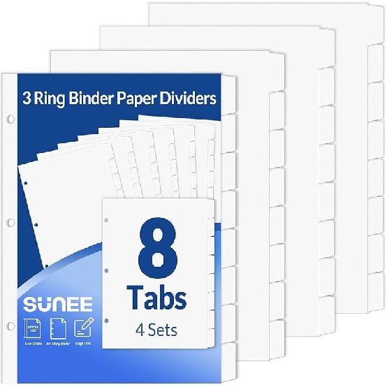 SUNEE Binder Dividers with Tabs for 3 Ring Binder, 8.5 x 11 Paper White Binder Dividers Blank with 8 Tabs, 4 Sets Page Dividers for School, Office