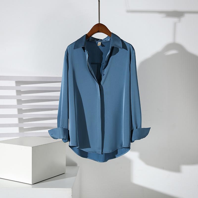Solid Color Satin Blouse Female Fashion Office Lady Turn-down Collar Long Sleeve Shirts Spring New All-match Buttons Loose Tops