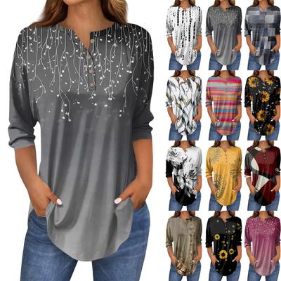 Рубашки с рукавом 3/4 для женщин, модные, повседневные, с круглым вырезом, с принтом, футболка, топ