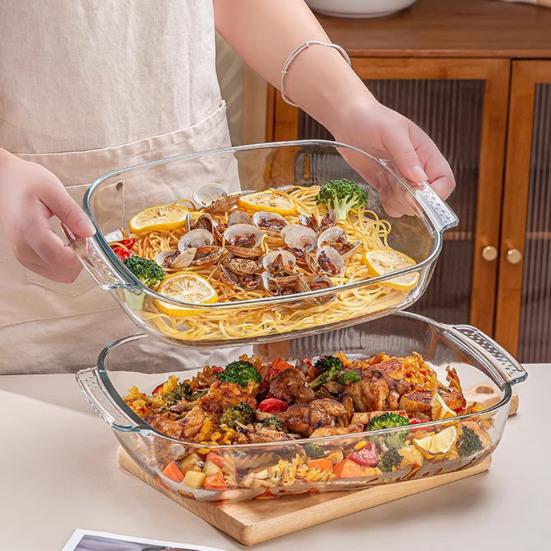 Жаропрочная стеклянная форма для выпечки с ручками Прозрачная прямоугольная форма для кекса для духовки Микроволновой печи Холодильника Многоцелевая форма для запеканки для лазаньи Рыбы