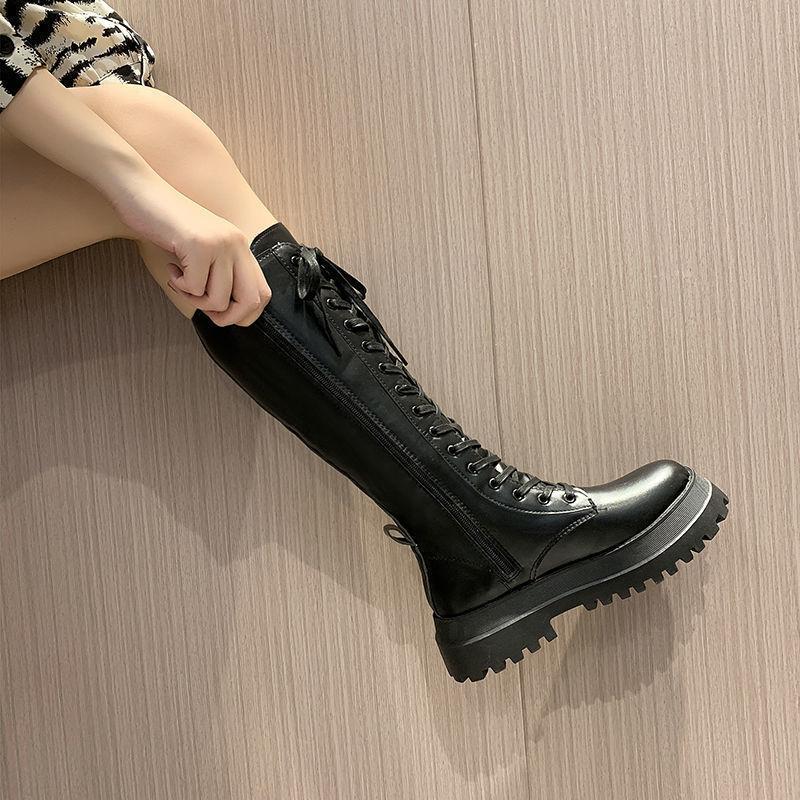 Женские сапоги до колена, весенние, из искусственной кожи, женские, в стиле панк, длинные, на шнуровке, Cuissarde Femme 2024, на молнии, черные, челси, женские сапоги