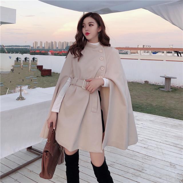 Autumn Woolen Shawl Cape Poncho Coat with Belt Women Mid-length Korean Sleeveless Ladies Cape Coats