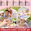 Stainless Steel Tableware Set Straw Knife Fork Spoon Chopsticks Seven-piece Set Outdoor Camping Travel Portable Tableware