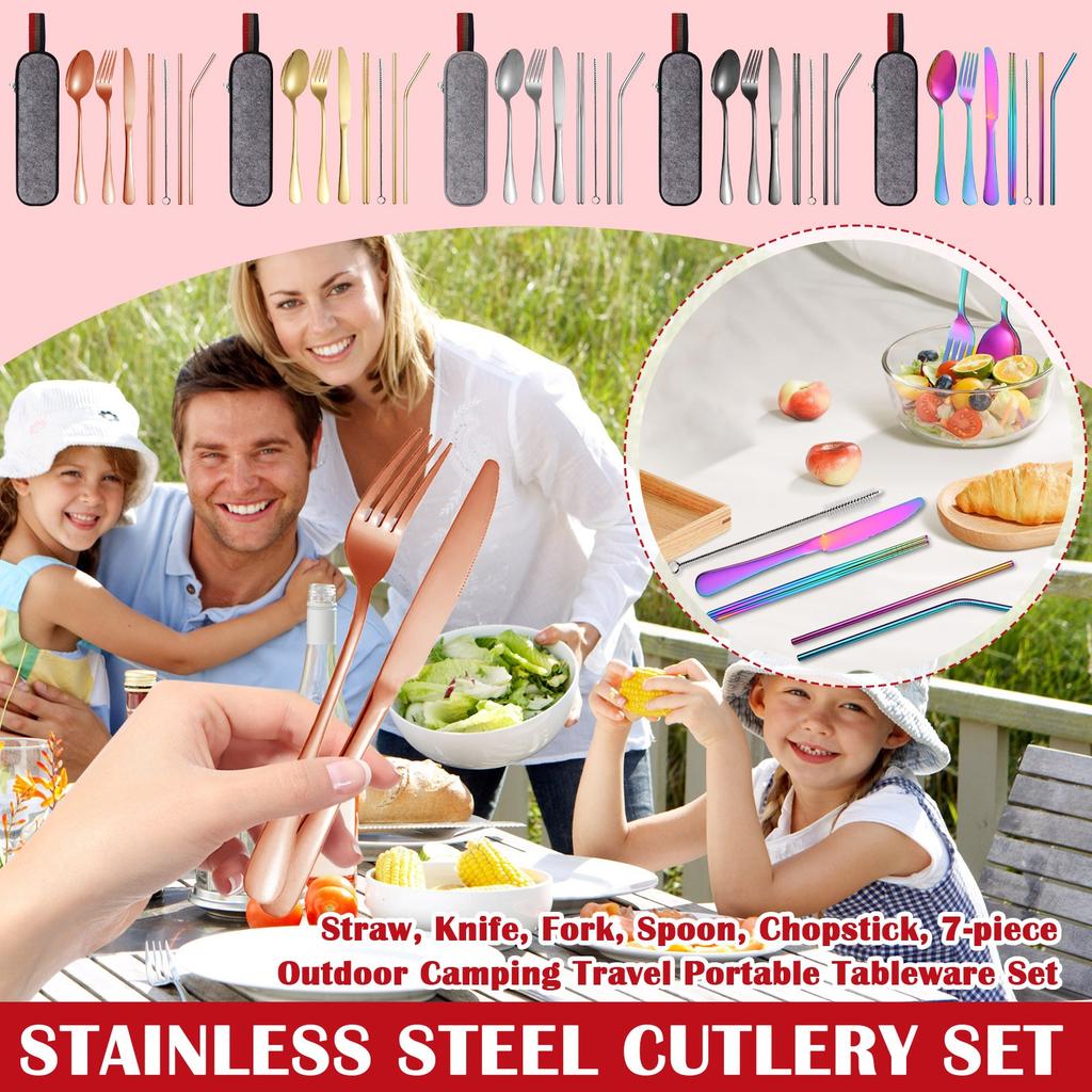 Stainless Steel Tableware Set Straw Knife Fork Spoon Chopsticks Seven-piece Set Outdoor Camping Travel Portable Tableware
