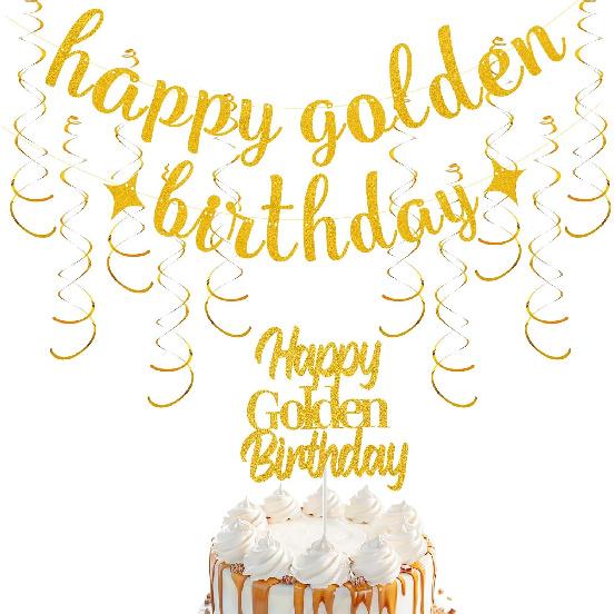 12Pcs Golden Birthday Party Decorations Includes Happy Golden Birthday Banner,10Pcs gold hanging swirls, 1Pcs Glitter Golde Cake Topper.