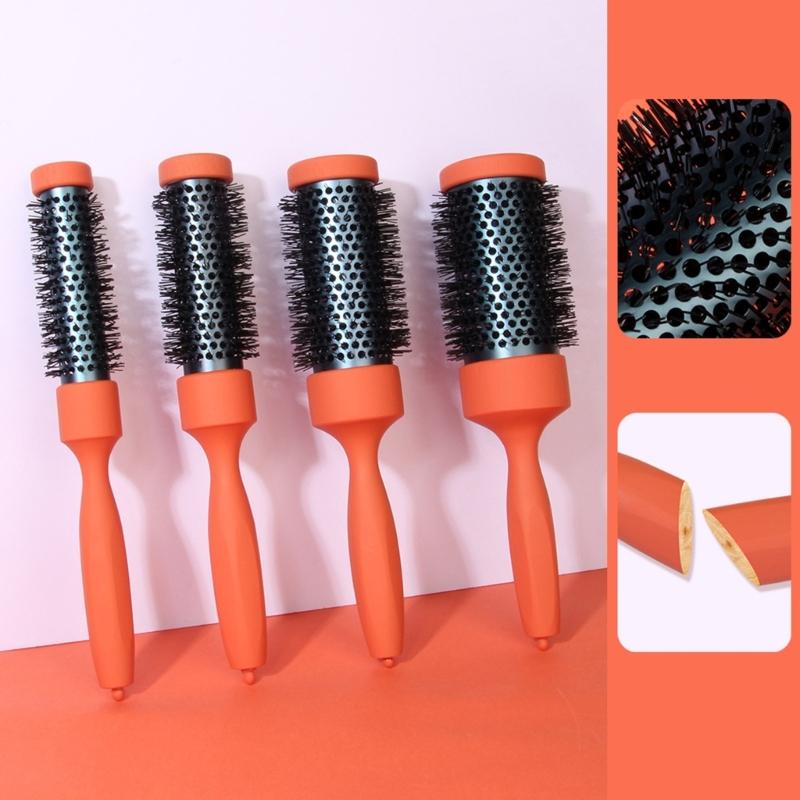 Thermal Protective Ceramic Barrels Hair Brush Natural Volumizing Curls Nylon Bristles Ergonomic Beechwood For Styling