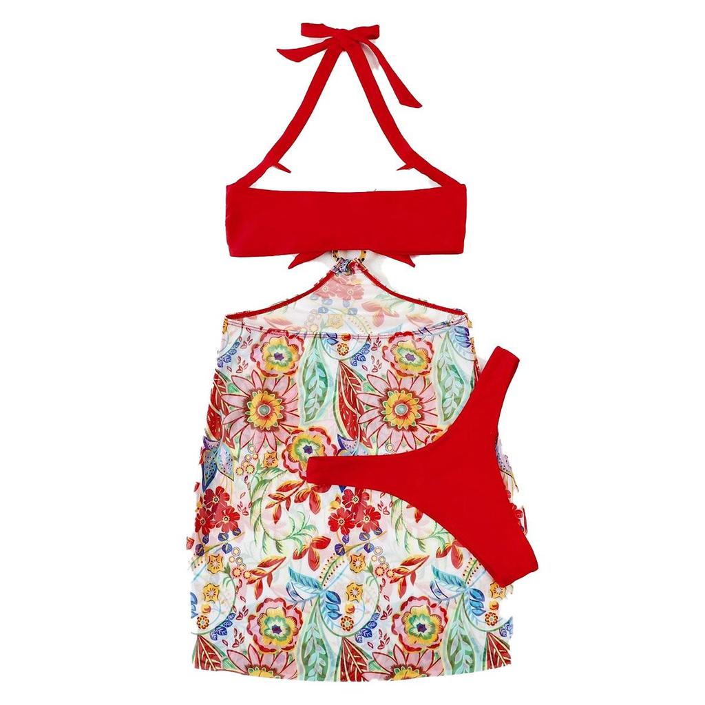 Купальник женский сплит-принт сексуальная тройка платье Холтер шеи цветочные комплекты бикини