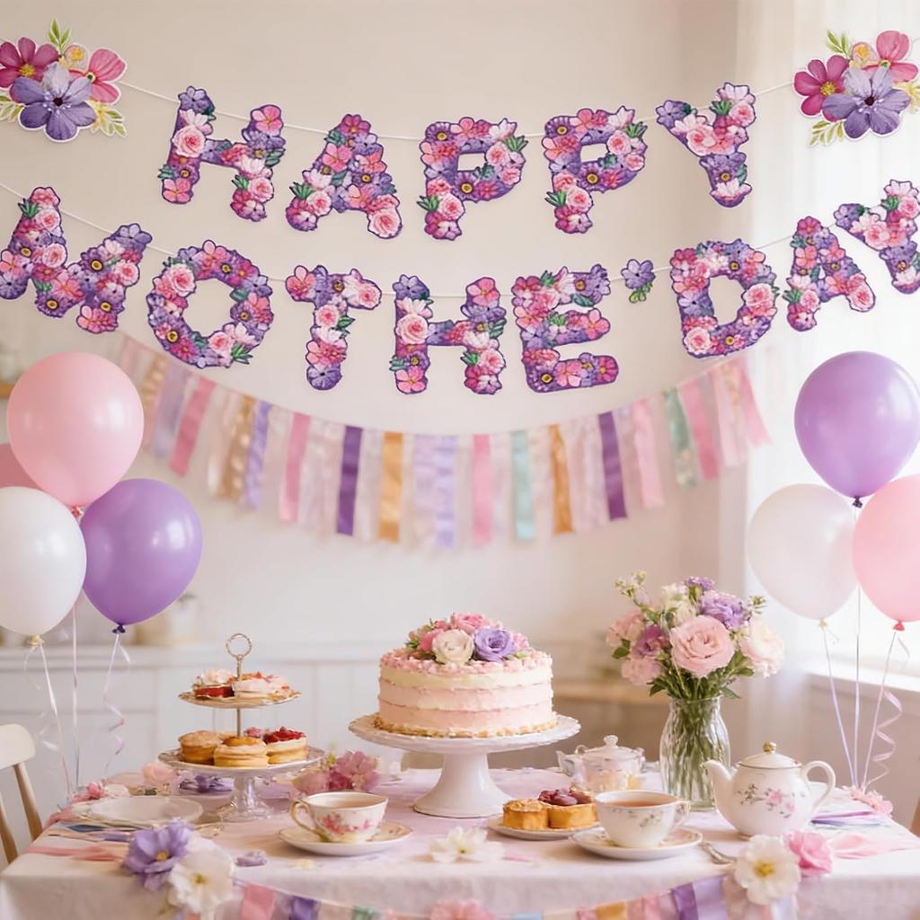 Mothers Day Happy Bunting Mother's Day Banner Pink Purple Letter Flower Garland