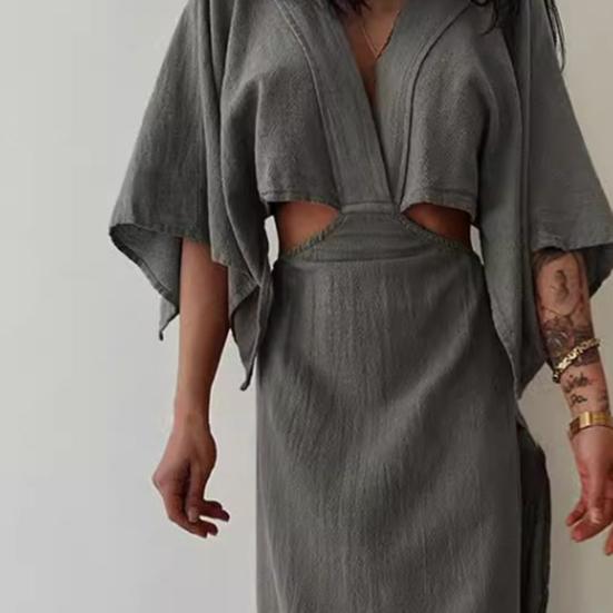 Женское платье макси с V-образным вырезом, сексуальное облегающее платье с коротким рукавом и разрезом, летнее длинное платье из хлопка и льна для пляжного отдыха