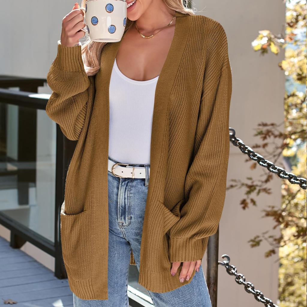 Женский кардиган, вязаный свитер, открытый спереди, повседневный, с длинным рукавом, легкие кардиганы с карманами