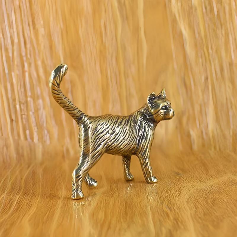 Retro Brass Little Cat Statue Creative Interesting Mini Long-Tailed Cat Tabletop Ornament Miniature Home Decor Tea Pet Crafts
