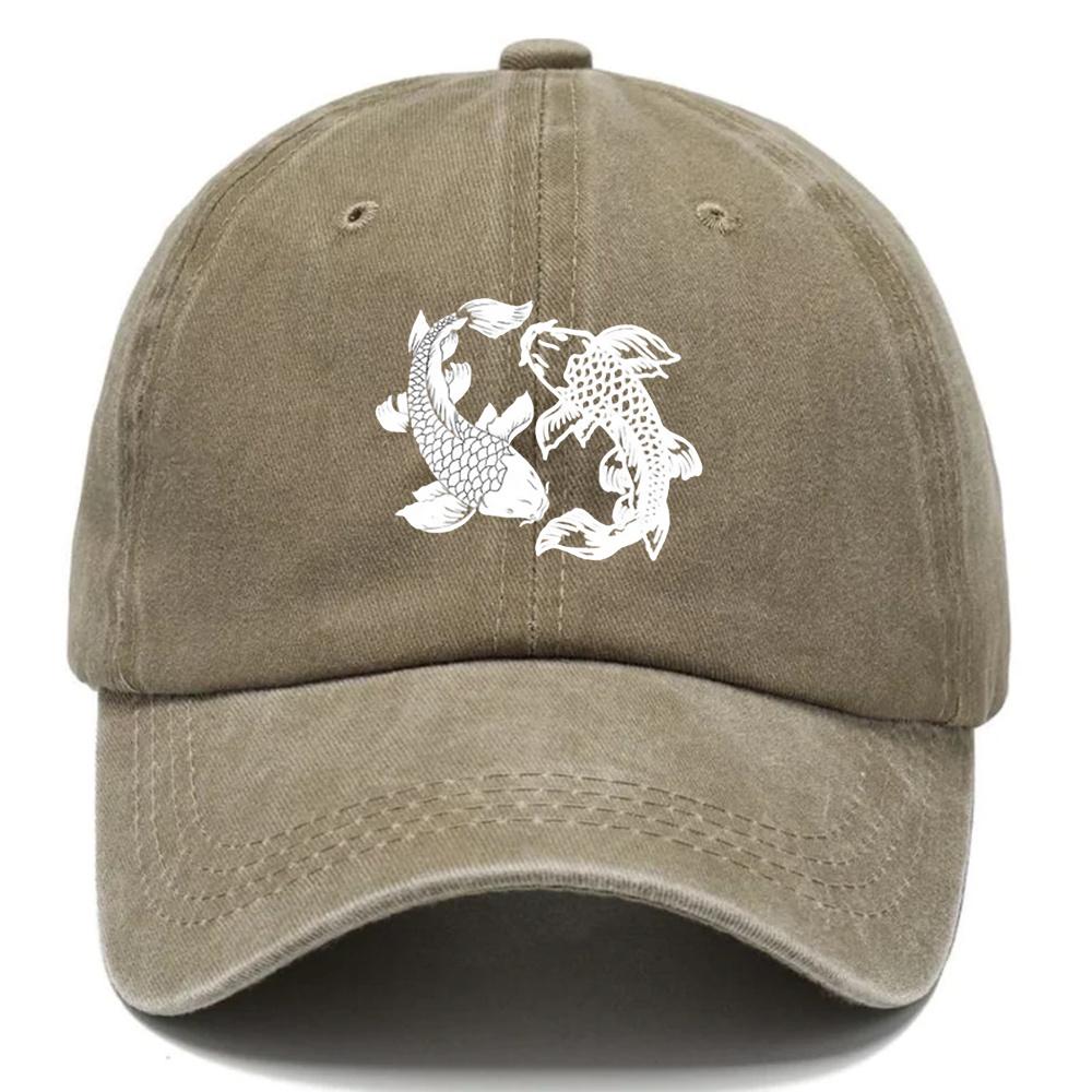 A WaterWashed Baseball Cap Featuring a YinYang Fish Print an Adjustable Unisex Hat with Traditional Chinese Koi Fish Symbols