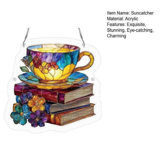 Floral Tea Cup And Book Suncatcher, Stained Glass Effect Window Hanging Ornament, DIY Acrylic Sun Catcher Puzzle Kit for Garden