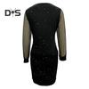 Women Dress Square Neck Long See Through Mesh Sleeves Sequin Slim Fit High Waist Sheatn Solid Color Prom Party Dating Mini Dress