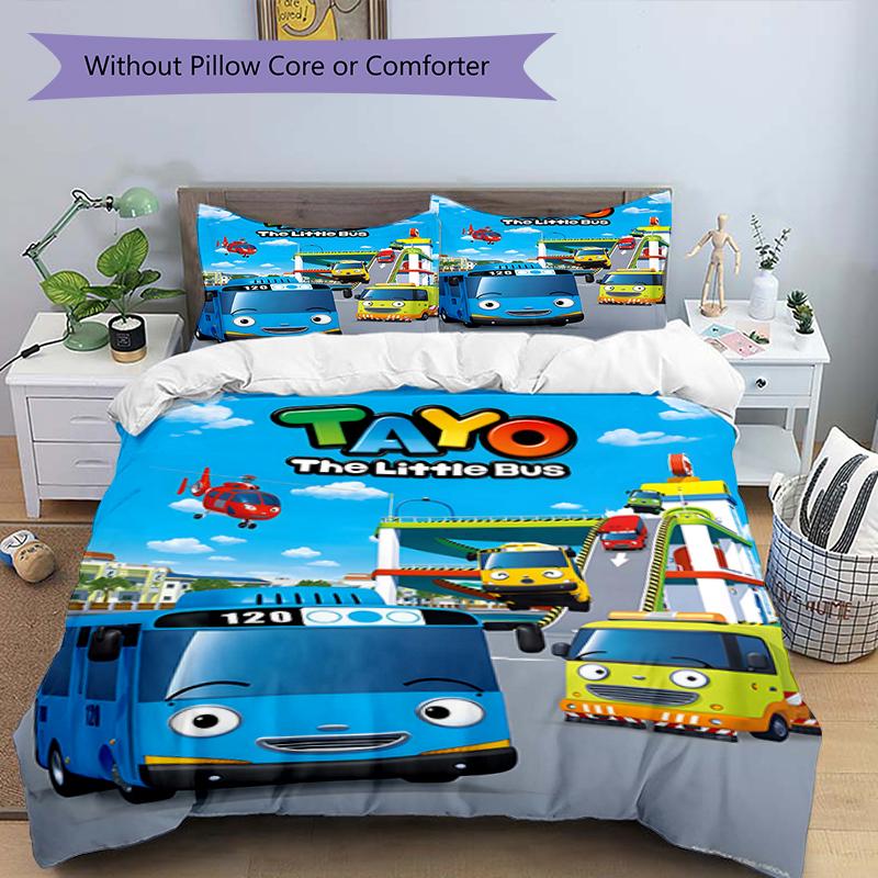 3pcs Tayo The Little Bus3 Design Cover Set - HD Printed Bedding with 1 Cover and 2 Pillowcases - Perfect for Home and Dorm Decor