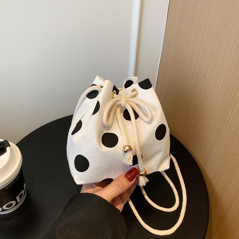 Polka Dot Nylon Drawstring Crossbody Bag Soft Lightweight Adjustable Strap Fashion Shoulder Purse for Women Shopping