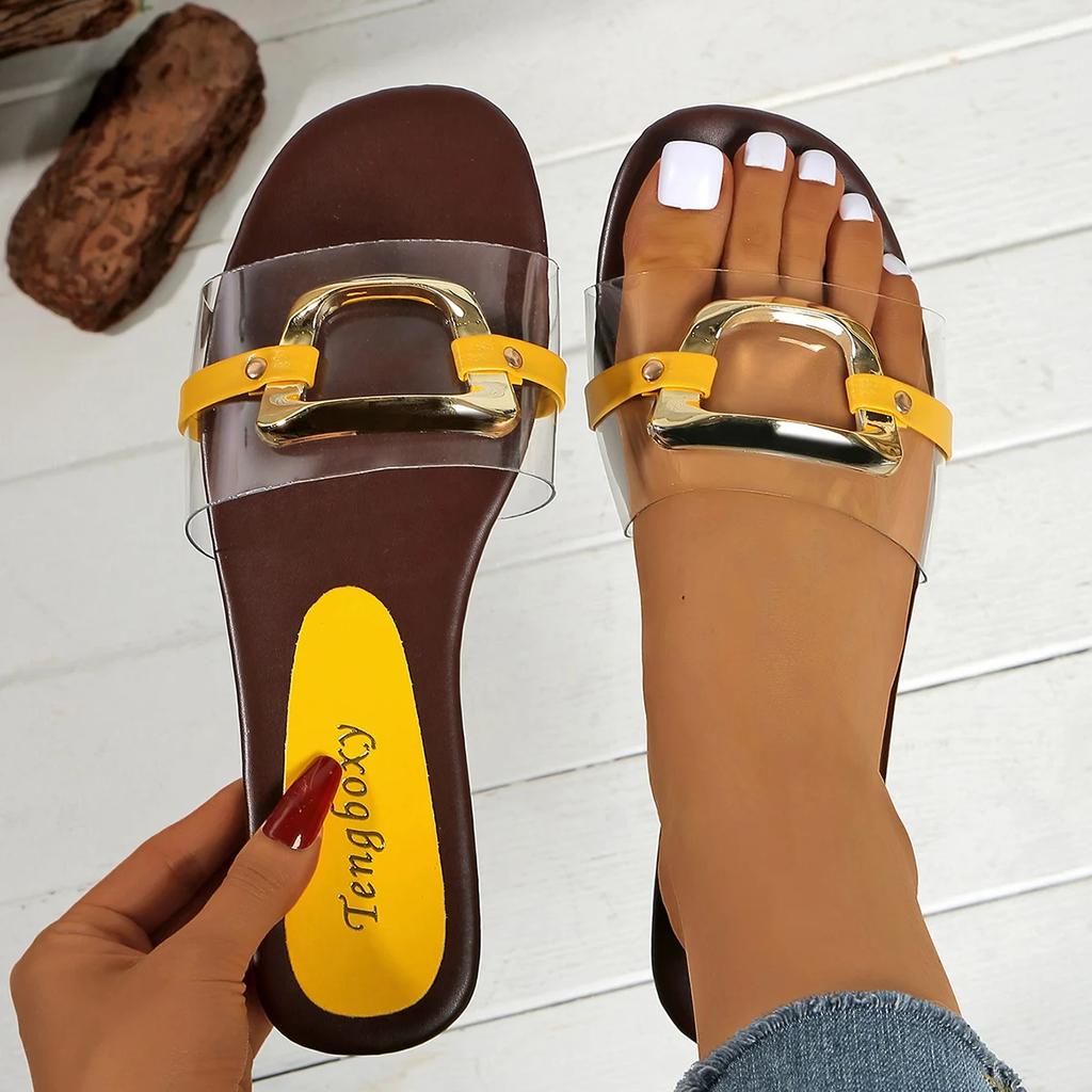 Fashion Luxury Women Slippers Buckle Designer Style Slippers 2025 New Casual Flat Sandals Summer Sandy Beach Woman Shoes Slides Woman