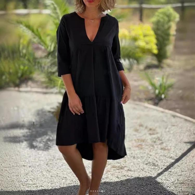 Летнее повседневное хлопковое платье с V-образным вырезом для женщин, легкое, дышащее, свободное, миди с оборками, для пляжного отдыха, однотонное, с коротким рукавом