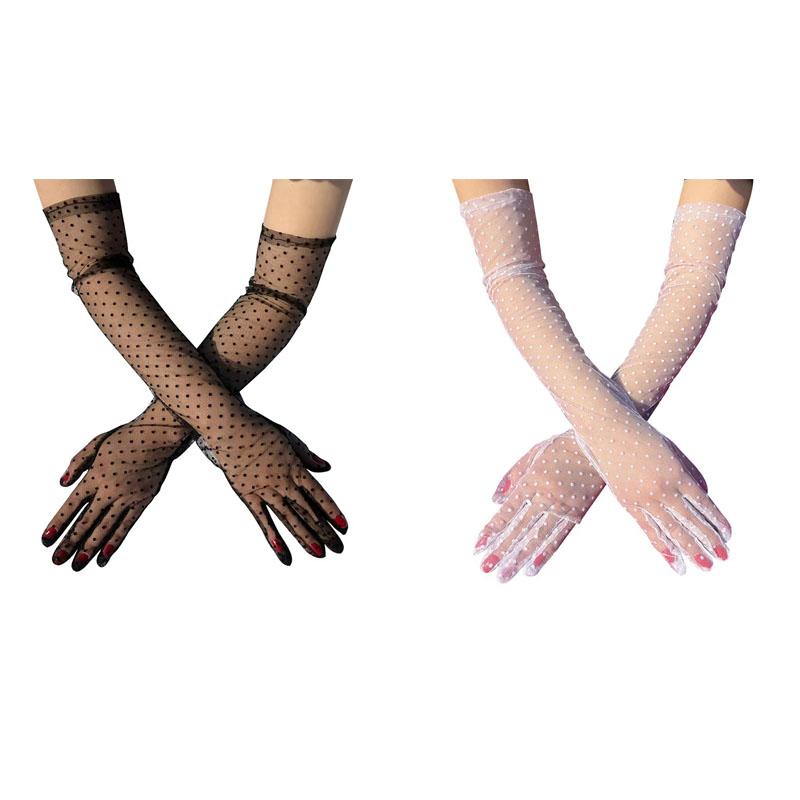 1-4Pair Fashion Women Black White Dot Lace Long Tulle Gloves Bride Wedding Stretchy Full Finger Transparent Thin Lady Mesh Glove
