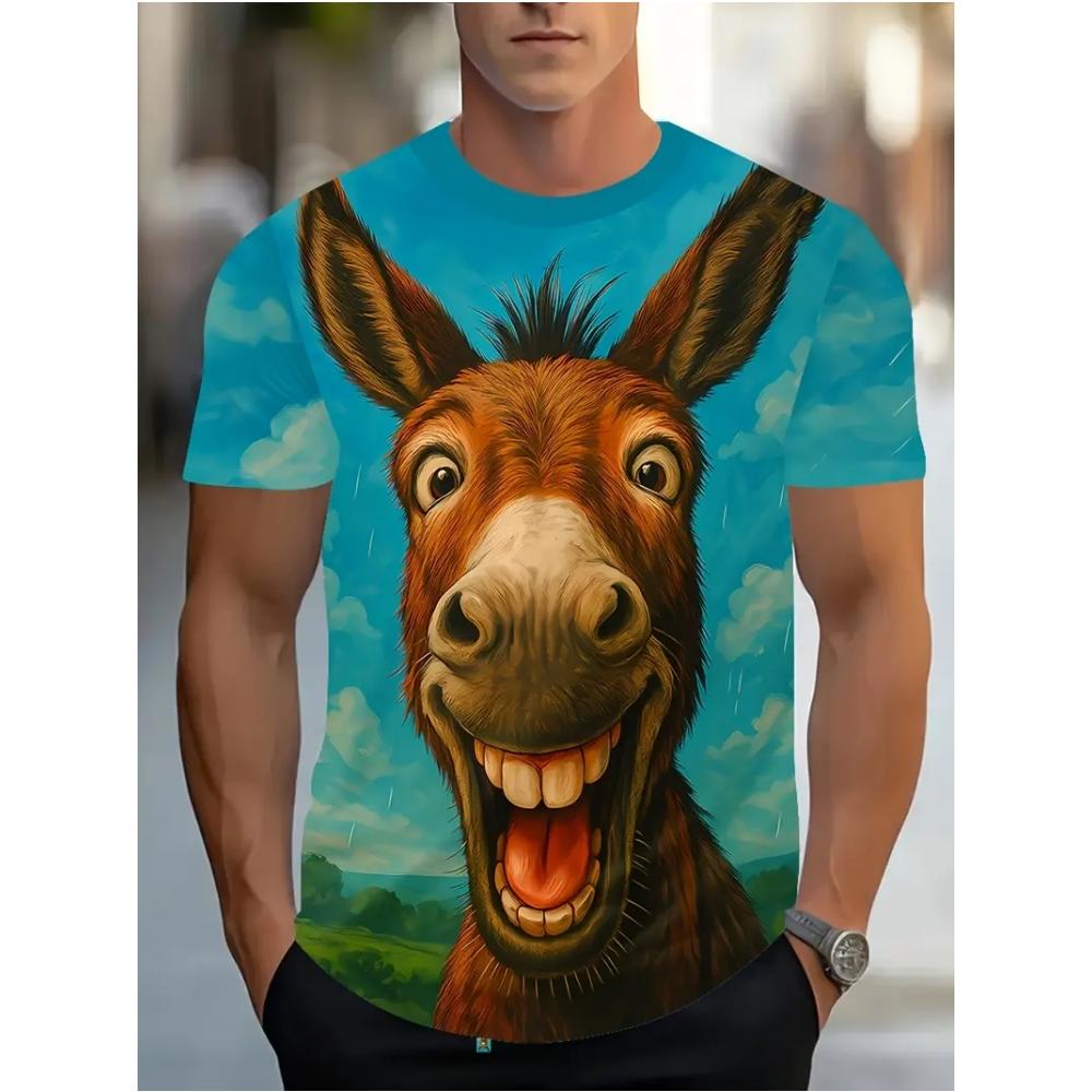 Men's Fun Cartoon Donkey Print Short Sleeve Cute Round Neck T-Shirt, Lightweight Quick-Dry Spring and Summer Travel Beach Top