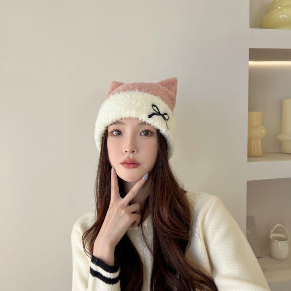 Embroidery Cat Ears Hat Bow Winter Knitted Hat Personality Knitted Beanie Hat  Winter/Autumn