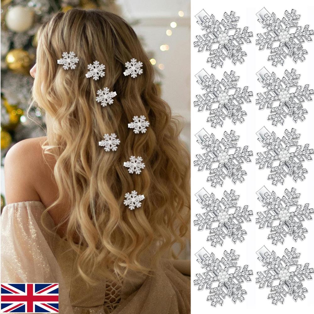 10 Pcs Christmas Snowflake Hair Clips for Women Girls Small Silver Pearl Metal Alligator Clips