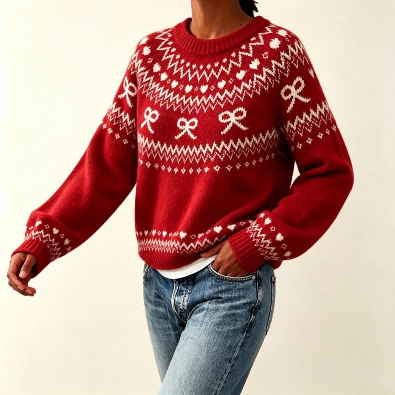 Womens Oversized Knit Sweater With Fair Isle Embroidery Crew Neck Long Sleeve Pullover