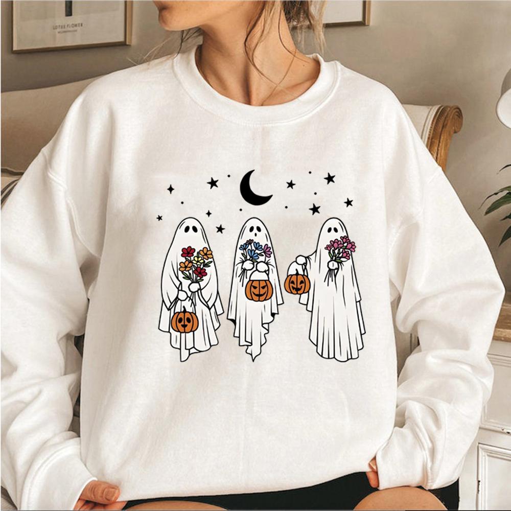 Vintage Halloween Ghost Sweatshirt Floral Retro Spooky Pumpkin Sweatshirts Women Long Sleeve Pullover Womens Halloween Hoodies