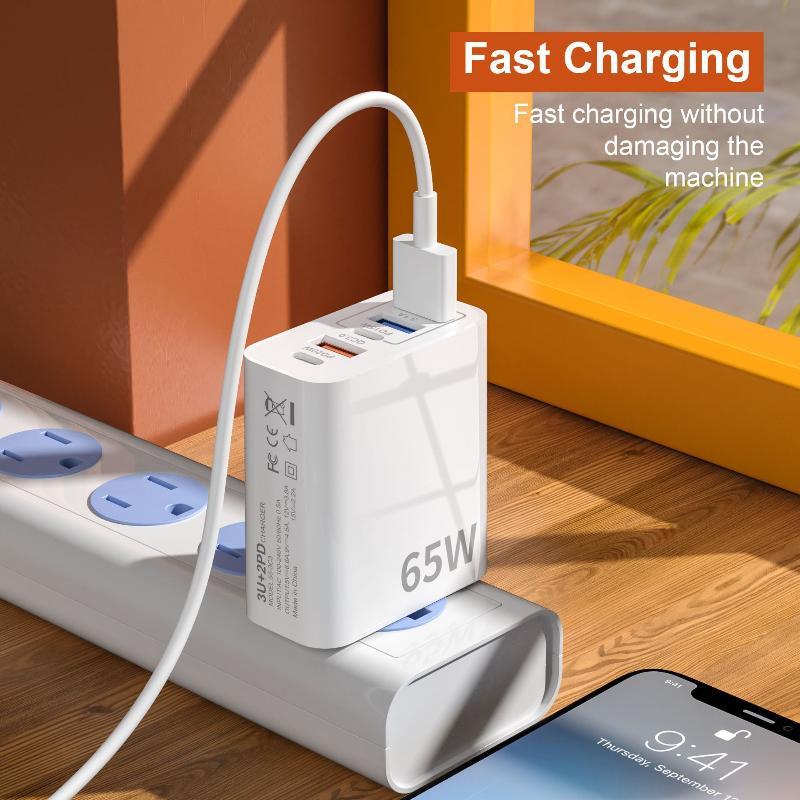 Быстрое настенное зарядное устройство 120 Вт с 3 портами USB QC3.0 и 2 портами быстрой зарядки PD для путешествий, дома, офиса, зарядки телефонов, планшетов, ноутбуков
