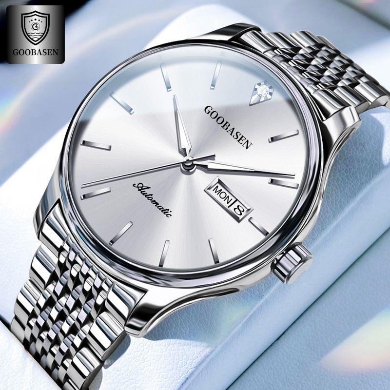 Мужские полностью автоматические светящиеся механические часы - Водонепроницаемые, Модные, Дизайн с полым корпусом и двойным календарем.