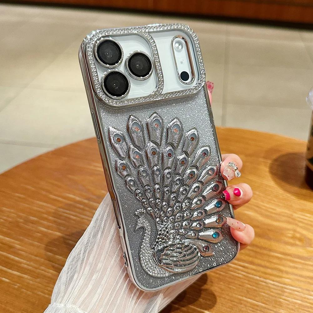 Peacock Plated Frame Glitter Stickers Rhinestone Lens Ring Case for iPhone 17 Pro Max Air 17 Pro 16 Pro 15 14 13 Protect Cover