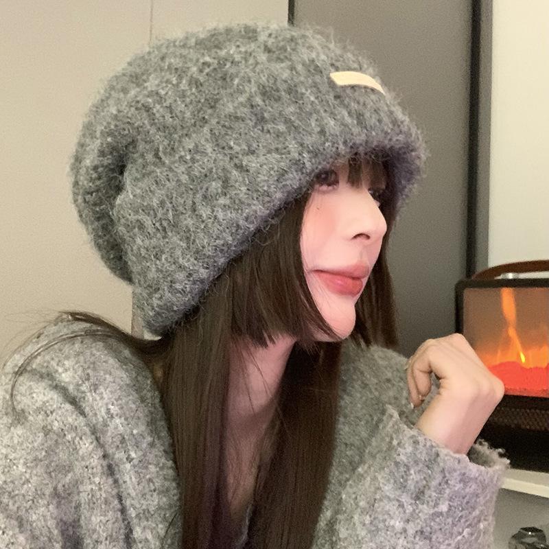 Включая шерсть, осень и зиму, шапка с помпоном из пряжи, большой обхват головы, универсальная, серая теплая шапка, теплая шапка, подарок для пары, вязаная шапка с защитой ушей