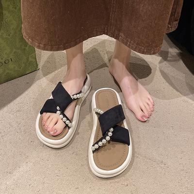 Женские шлепанцы на платформе-маффин, новые, в стиле кантри, с жемчугом, перекрещенные, модные, для улицы, юбка-слово, пляжные, крутые шлепанцы