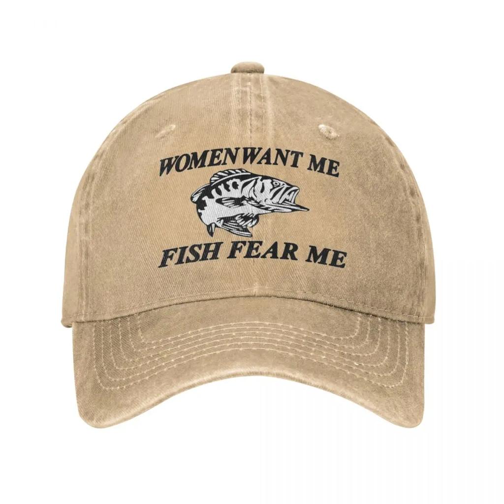 Women Want Me Fish Fear Me Fishing Unisex Style Baseball Cap Distressed Cotton Caps Hat Fashion Outdoor Activities Sun Cap