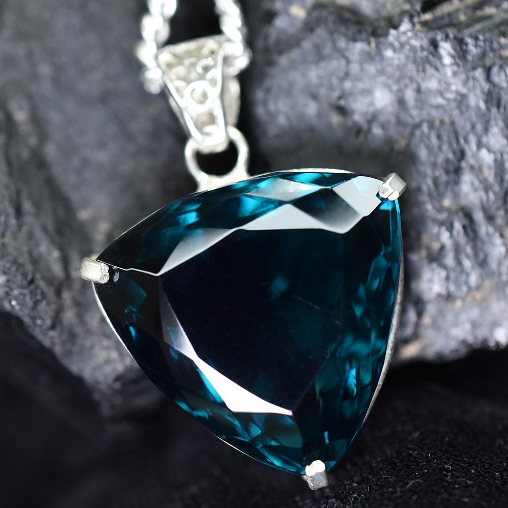 Teal Sapphire 80.1 Ct CERTIFIED Trillion 925 Sterling Silver Gemstone Pendant MY-PD-116-NS