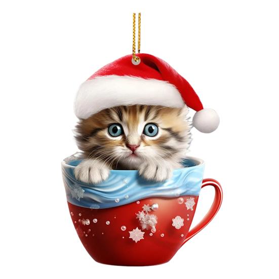 Christmas Pendant 2D Acrylic Cat Sitting Mug Charm Hanging Decor with Lanyard Holiday Party Decoration