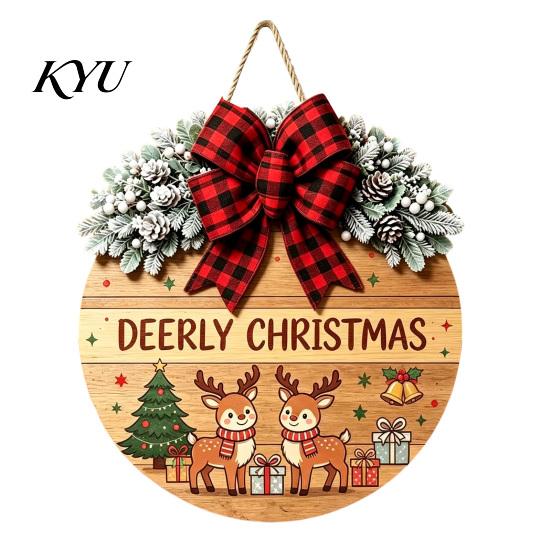 Gift for Christmas Wooden Welcome Sign Front Door, Round Hanging Ornament with Festive Home Decoration Artificial Pine Branches & Bow Decor