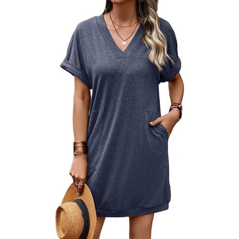 Женские повседневные однотонные платья с V-образным вырезом и карманами с короткими рукавами, модные свободные повседневные платья