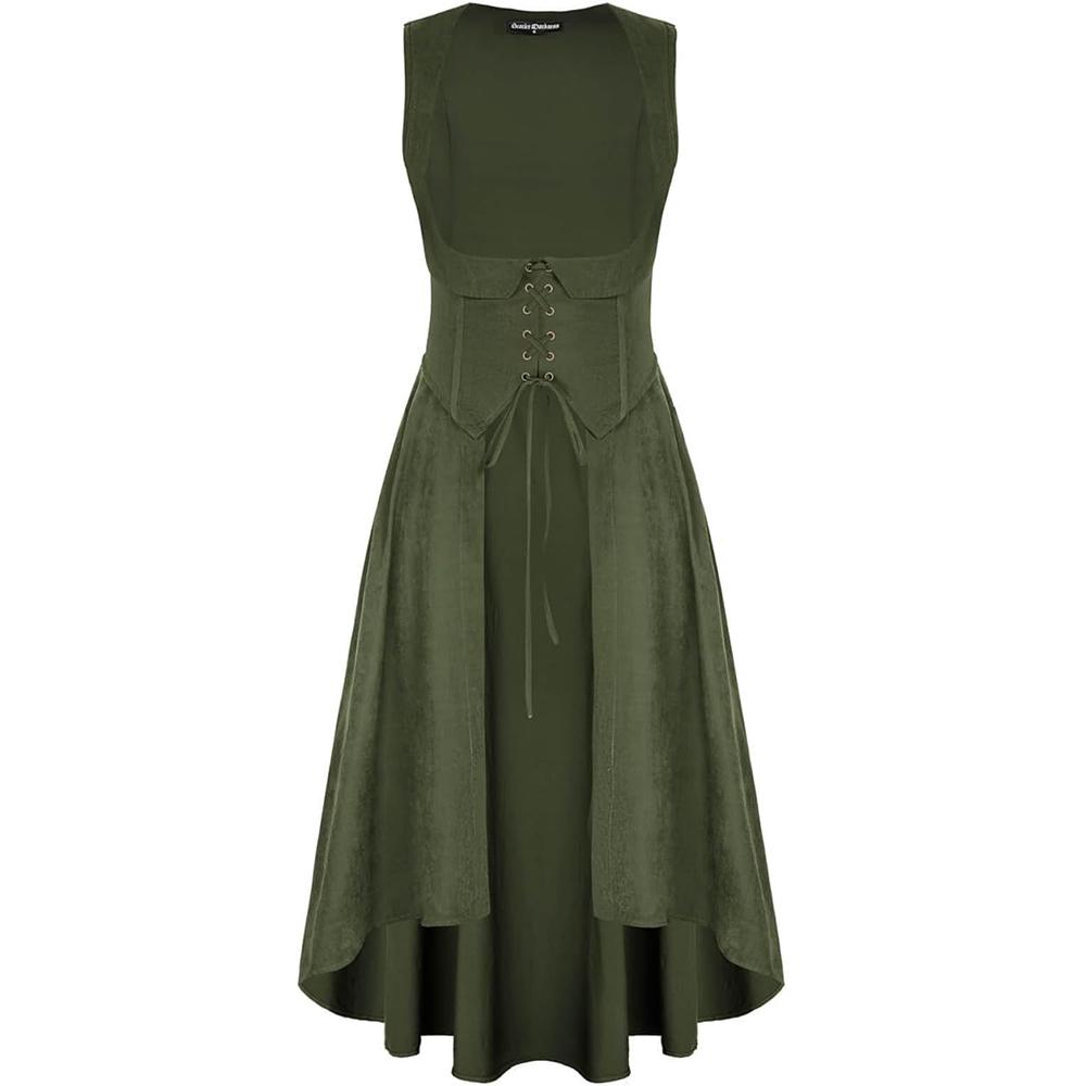 Women Renaissance Costume Underbust Pirate Peasant High Low Dress with Pockets