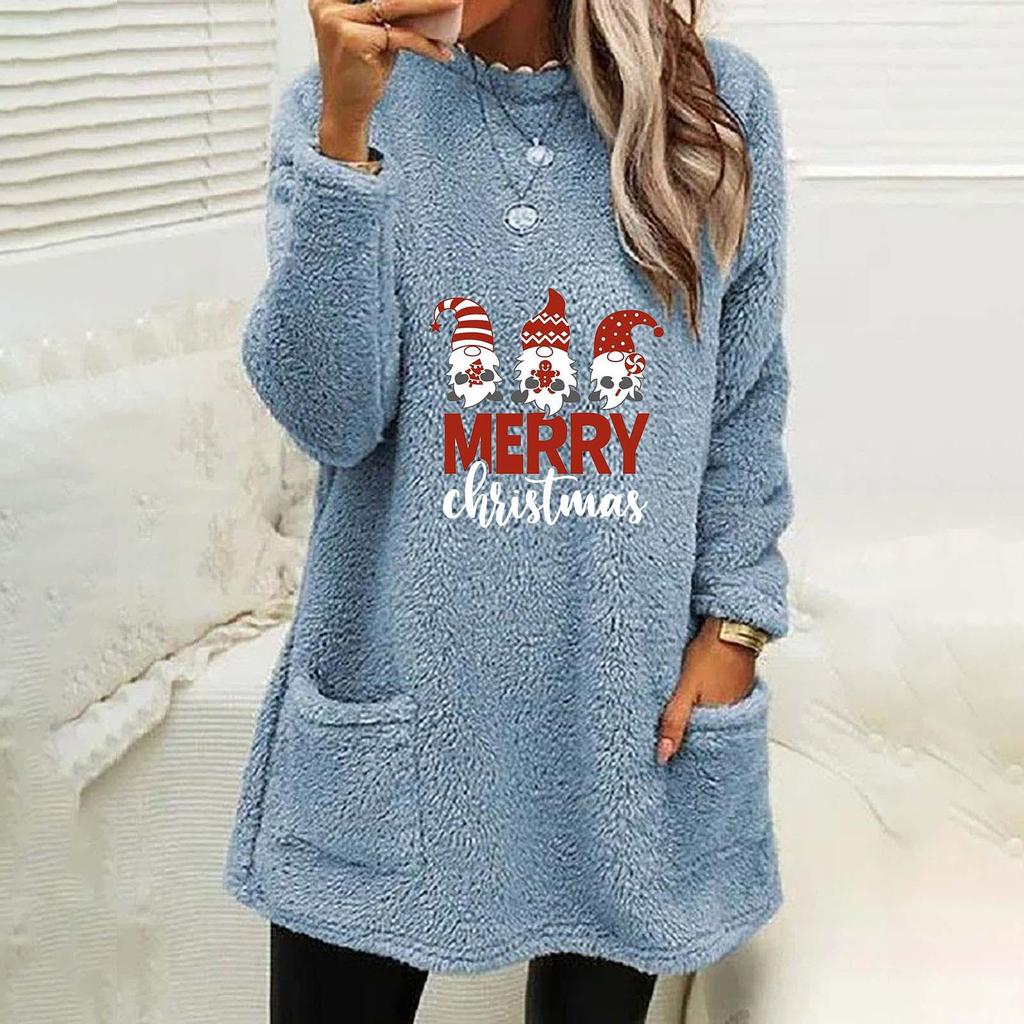 Women's Christmas Print Round Neck Loose Long Sleeve Pocket Plush Hoodie