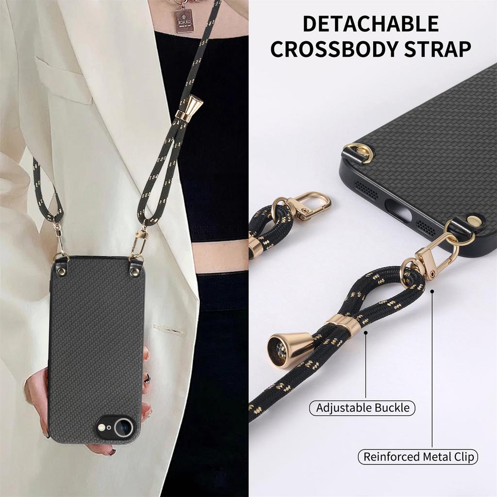 For iPhone 16e Case Carbon Fiber Texture PU+PC+TPU Anti Drop Phone Cover with Crossbody Lanyard