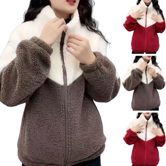 Women Winter Coat Stand Collar Zipper Closure Colorblock Plus Size Thick Plush Extra Warmth Long Sleeves Pockets Cardigan Outdoor Jacket