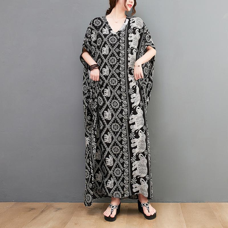 Плюс размер Новое летнее платье Цветочное льняное V-образное вырезное повседневное женское большое повседневное черное платье большого размера