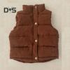 Детское зимнее пальто унисекс, толстый жилет без рукавов, застежка на молнию и пуговицы, с подкладкой, однотонный отложной воротник, спортивная повседневная жилетка, пальто