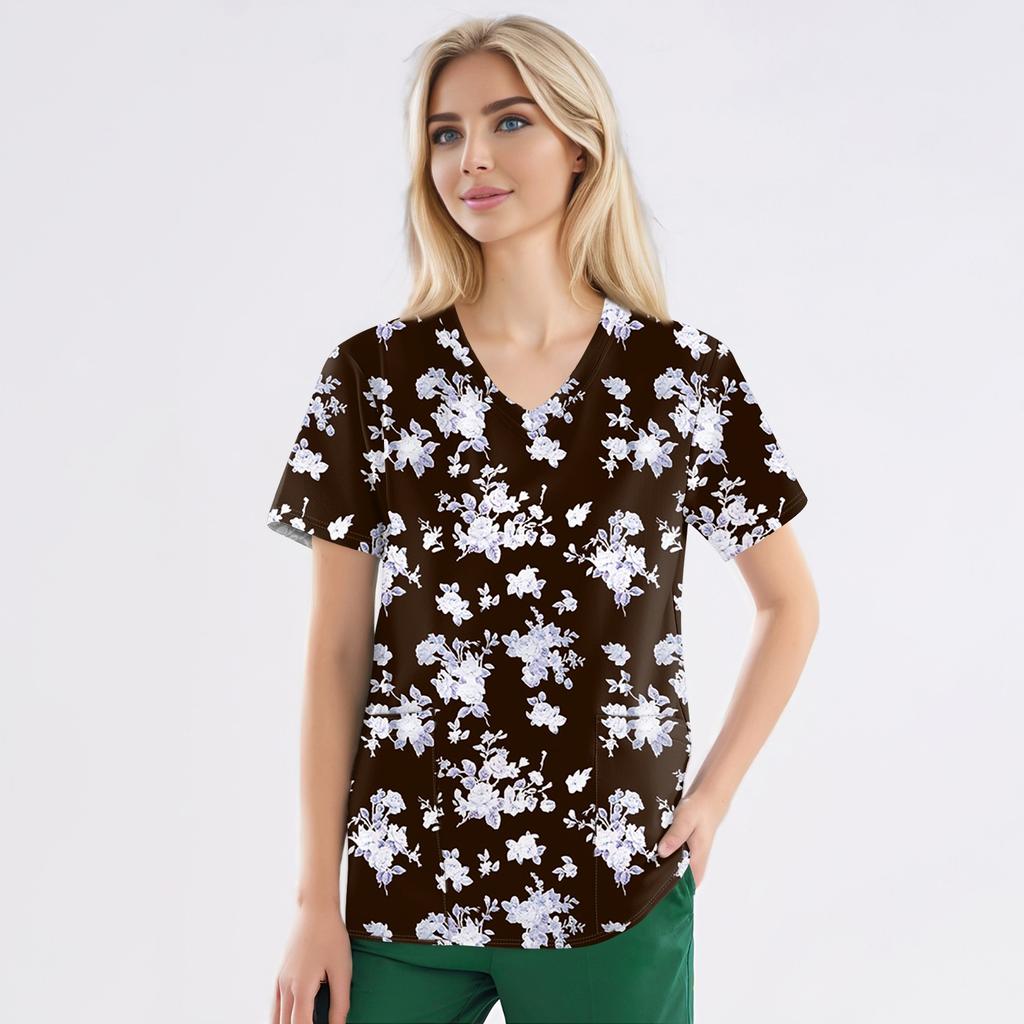 Рабочая форма больших размеров с принтом, топы для женщин, забавные футболки с v-образным вырезом и короткими рукавами, рабочая одежда, футболка с карманами