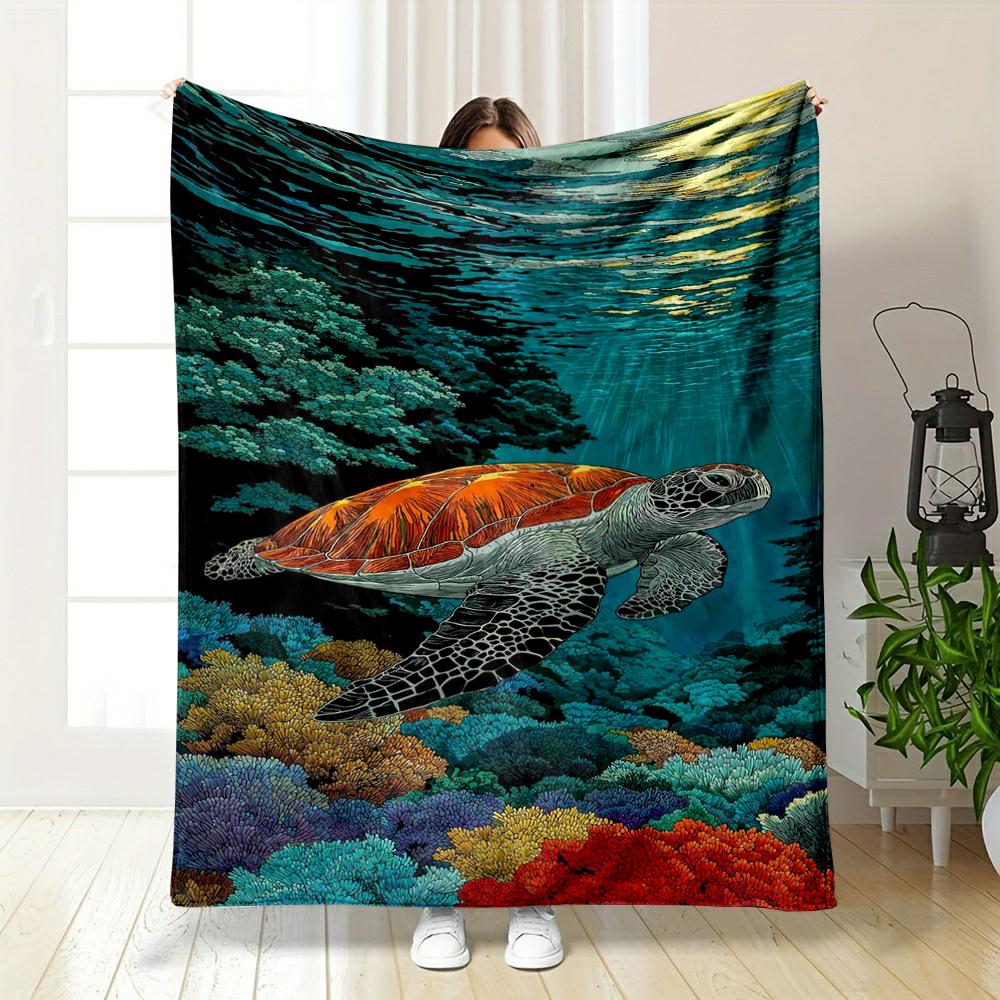Sea Turtle Swimming Over Colorful Coral Reef Flannel blanket for bedroom, living room, sofa, and nap.