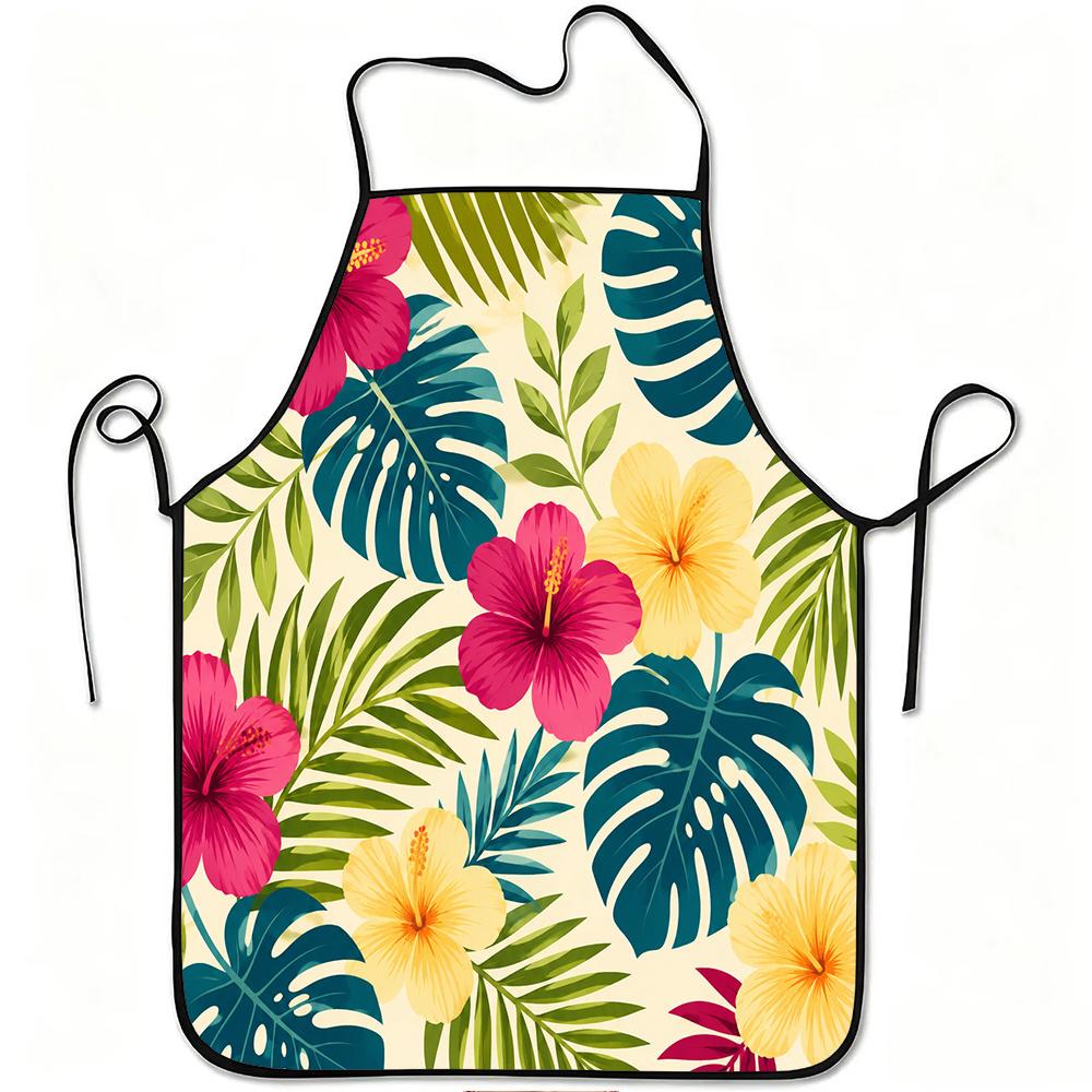 1pc Tropical Hibiscus Flower & Palm Apron - Adjustable Waistband, Durable Easy-Clean Polyester with Hibiscus & Palm Print Suitable for Cooking, Garden