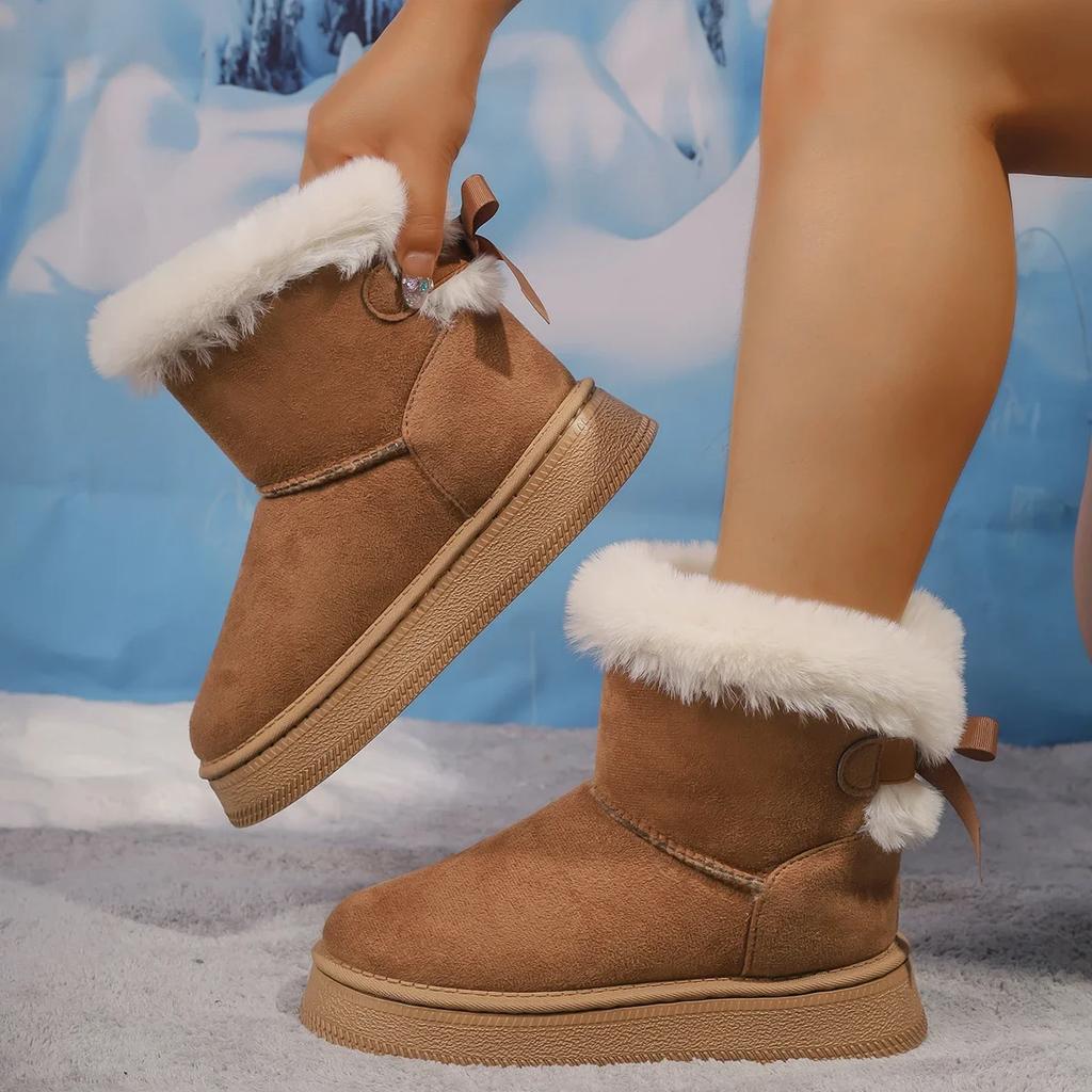 Fashion Thick Soled Snow Boots for Women, 2025 New Winter with Plush Insulation, Butterfly Knot Casual Oversized Cotton Shoes for Women
