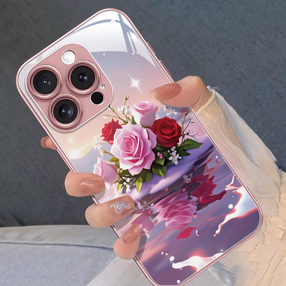 Чехол для телефона со стеклянной задней панелью и цветами розы Для iPhone 17 Pro Max 17 16 13 16 Pro Max Для iPhone 15 14 12 Air 11 Обложка Funda Металлическая рамка