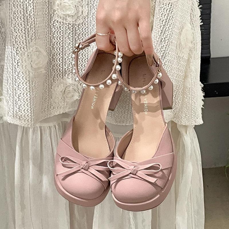 Модные горячо продаваемые туфли Мэри Джейн на блочном каблуке с французским бантом, женские, весна-лето 2025, с круглым носком, с мелким вырезом, с одной пряжкой, с каблуками, украшенными бусинами
